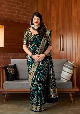 Navy blue printed banarasi silk saree with blouse 2