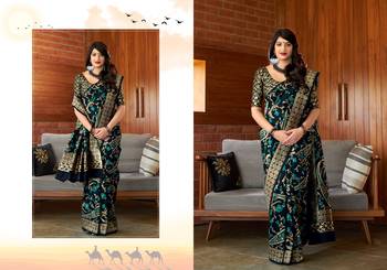 Navy blue printed banarasi silk saree with blouse 3