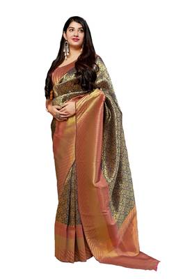 Navy blue printed banarasi silk saree with blouse 1