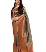 Navy blue printed banarasi silk saree with blouse