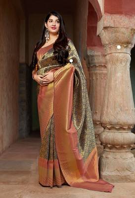 Navy blue printed banarasi silk saree with blouse 2