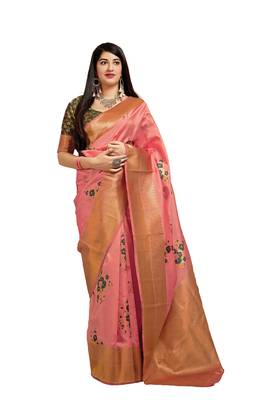 Peach printed banarasi silk saree with blouse 1