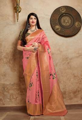 Peach printed banarasi silk saree with blouse 2