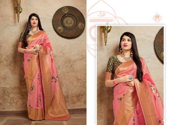 Peach printed banarasi silk saree with blouse 3