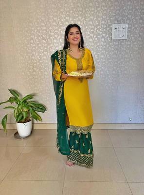 Yellow embroidered Satin & Georgette sharara suit 3