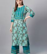 Turquoise printed cotton cotton-kurtis