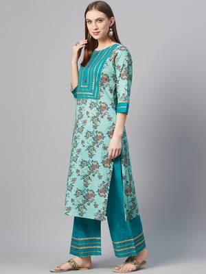 Turquoise printed cotton cotton-kurtis 2