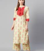 Cream printed cotton cotton-kurtis