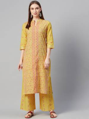 Yellow printed cotton cotton-kurtis 1