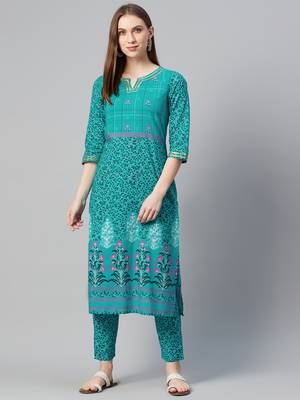 Teal printed cotton cotton-kurtis 1