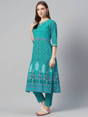 Teal printed cotton cotton-kurtis 2
