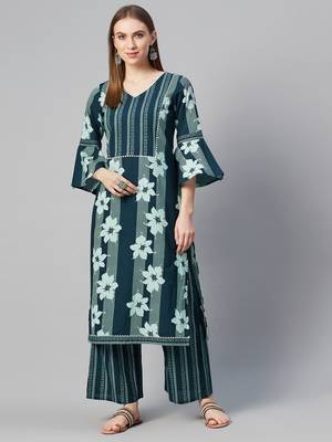 Teal printed cotton cotton-kurtis 1