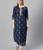 Navy-blue printed cotton cotton-kurtis