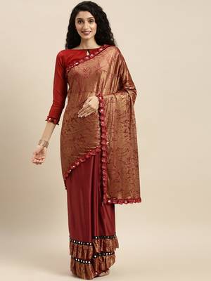 Maroon printed lycra saree with blouse 1
