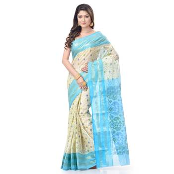 Blue Woven Cotton Saree Without Blouse 1