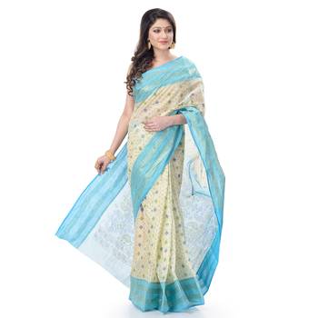 Blue Woven Cotton Saree Without Blouse 3