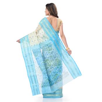 Blue Woven Cotton Saree Without Blouse 4