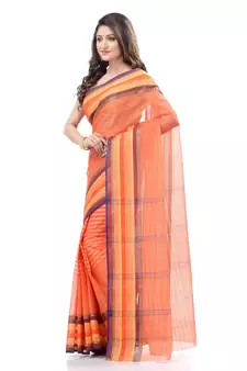 Orange Woven Cotton Saree Without Blouse