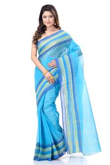 Blue Woven Cotton Saree Without Blouse