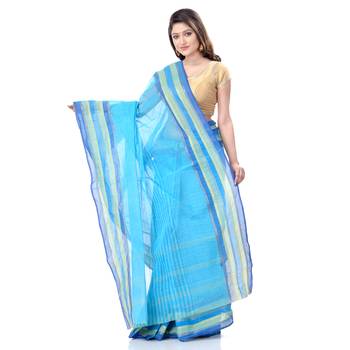 Blue Woven Cotton Saree Without Blouse 3