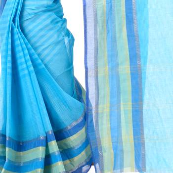 Blue Woven Cotton Saree Without Blouse 5