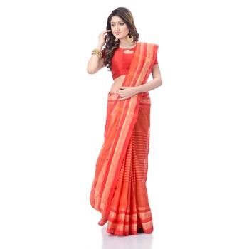 Red Woven Cotton Saree Without Blouse 3