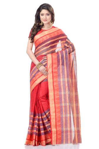 Red Woven Cotton Saree Without Blouse
