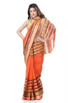 Orange Woven Cotton Saree Without Blouse