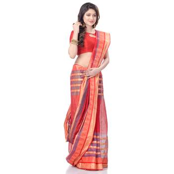 Red Woven Cotton Saree Without Blouse 3