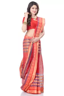 Red Woven Cotton Saree Without Blouse