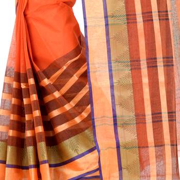 Orange Woven Cotton Saree Without Blouse 5