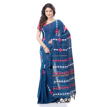 Blue woven pure cotton saree with blouse 1