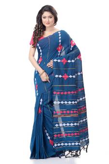 Blue woven pure cotton saree with blouse