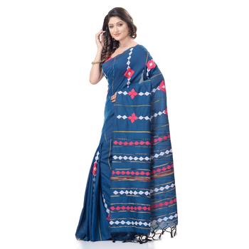 Blue woven pure cotton saree with blouse 3