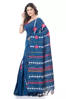 Blue woven pure cotton saree with blouse