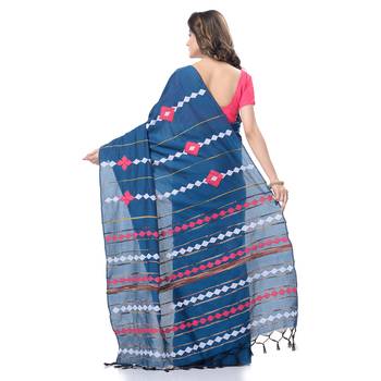 Blue woven pure cotton saree with blouse 4