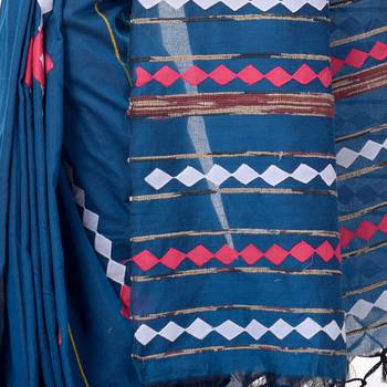 Blue woven pure cotton saree with blouse 5