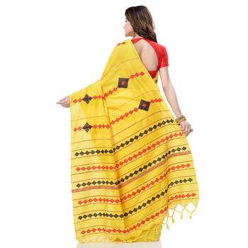 Yellow woven pure cotton saree with blouse 3