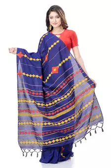 Blue woven pure cotton saree with blouse