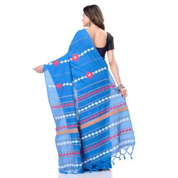 Sky blue woven pure cotton saree with blouse 3