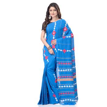 Sky blue woven pure cotton saree with blouse 4