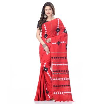Red woven pure cotton saree with blouse 4