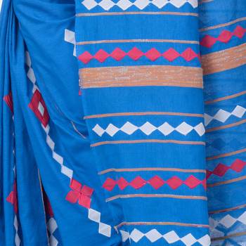 Sky blue woven pure cotton saree with blouse 5