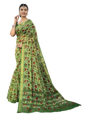 Green printed cotton poly saree with blouse 1