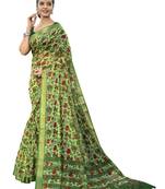 Green printed cotton poly saree with blouse