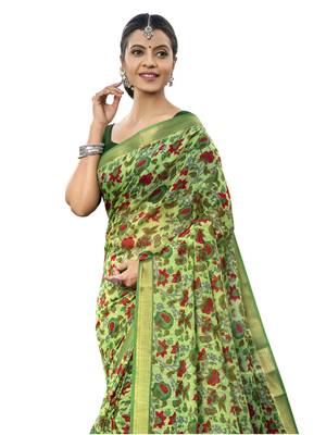 Green printed cotton poly saree with blouse 2