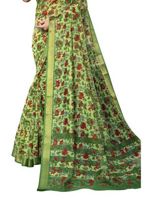 Green printed cotton poly saree with blouse 3