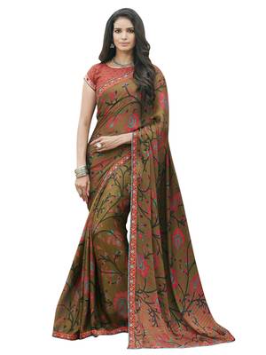 Light olive printed chiffon saree with blouse 1