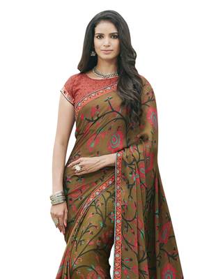 Light olive printed chiffon saree with blouse 2