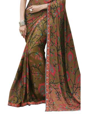 Light olive printed chiffon saree with blouse 3